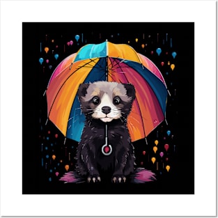 Ferret Rainy Day With Umbrella Posters and Art